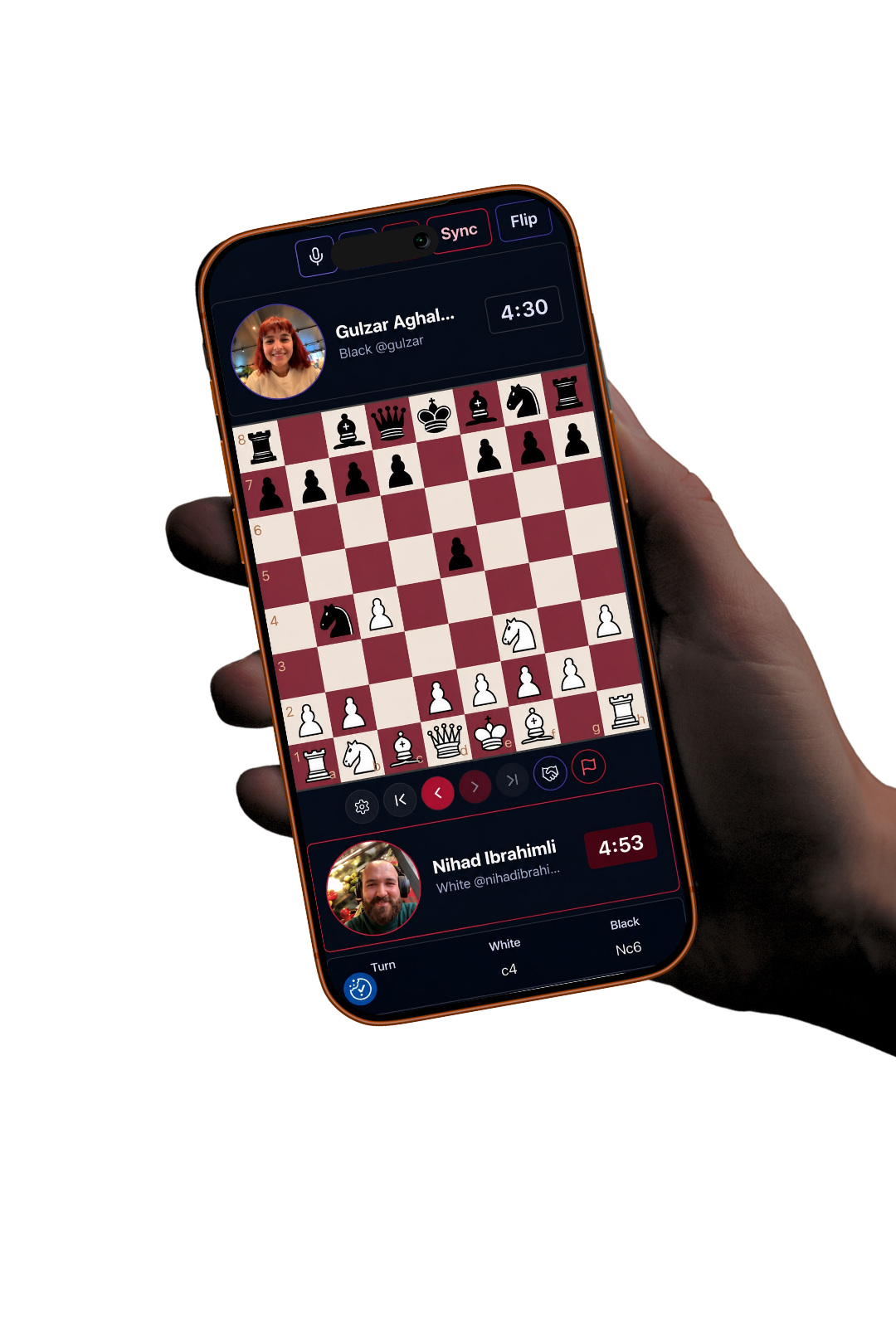 A hand holding a phone with a ChessTV private chess room, live player video, chessboard, clocks, and move controls
